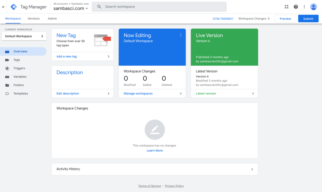 Google Tag Manager Dashboard - Samba Scientific