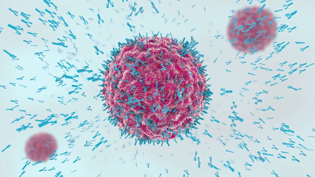 3d illustration of antibodies attacking virus cell