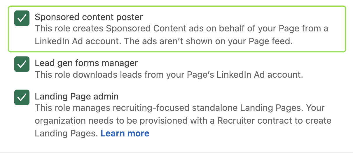 LinkedIn paid media admin assignment options list.