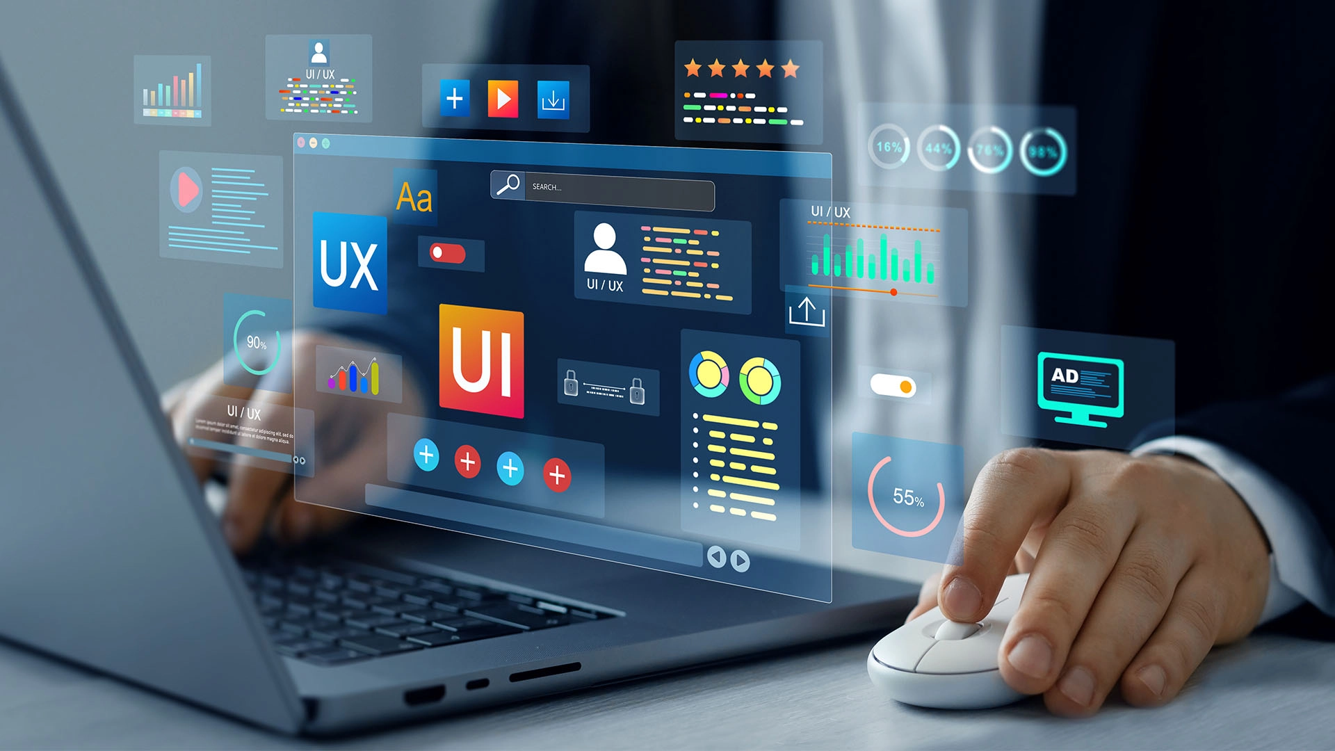 A person using a laptop with digital UI/UX interface graphics floating above the screen. The scene conveys a tech-savvy, innovative atmosphere.