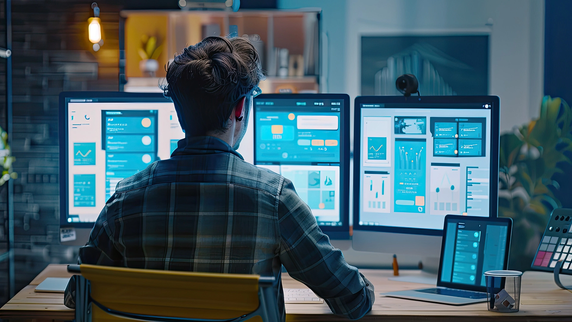 A person in a plaid shirt sits at a desk working on multiple monitors displaying data charts and interface designs in a dimly lit, modern office.