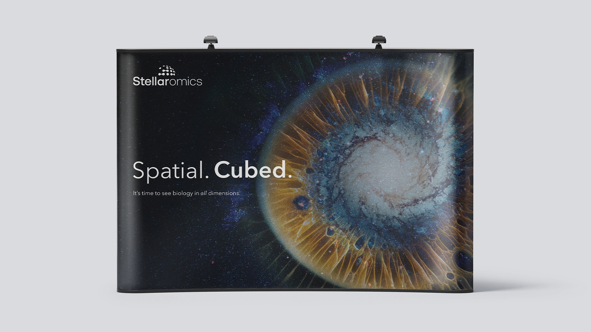 An image of Stellaromics' backdrop for AGBT. It features an image that we call a "Space Iris" and the text: "Spatial. Cubed. It's time to see biology in all dimensions."