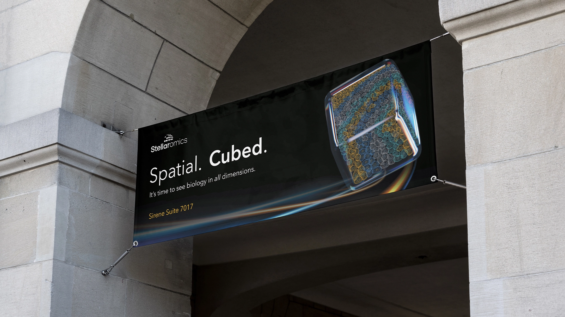 An artistic render of the large banner that Stellaromics' had at AGBT to gain attention from attendees using the venue escalator.
