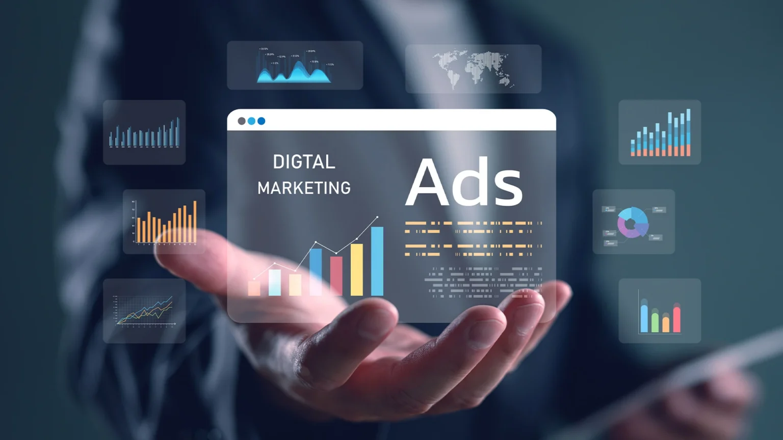 A render of a hologram screen showcasing ads data hovering above an outstretched human hand.