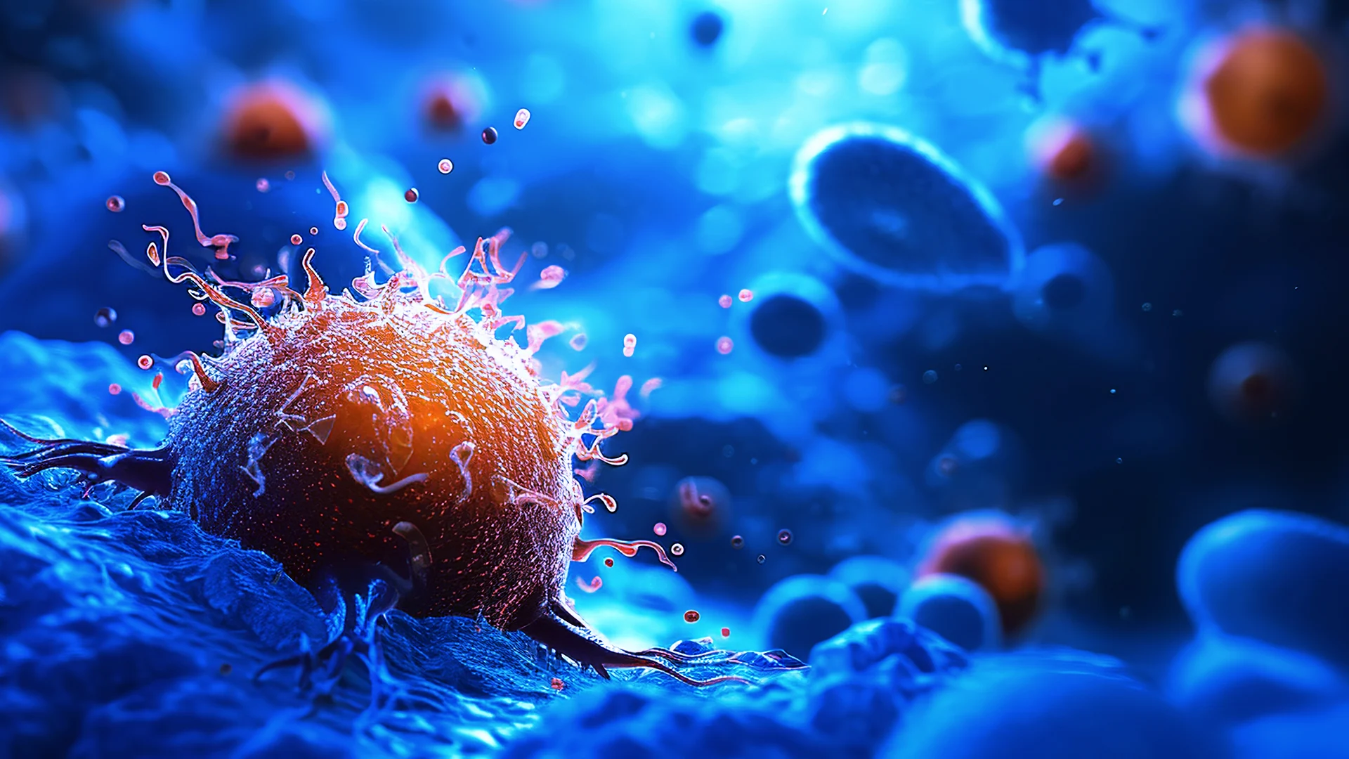 Illustration of a textured orange cancer cell on a blue tissue surface, with small particles spraying off it and blurred cells floating in the background.
