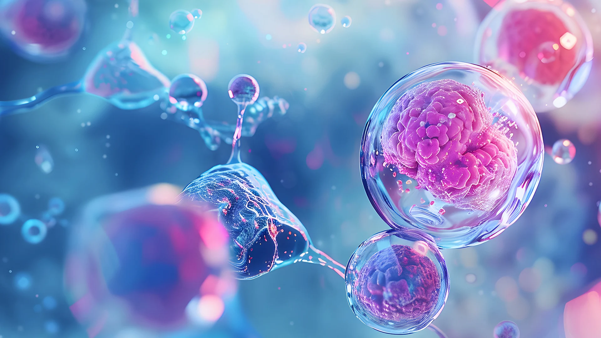 Illustration of cells as clear bubbles with pink and purple centers, joined by thin strands and floating on a soft blue background.